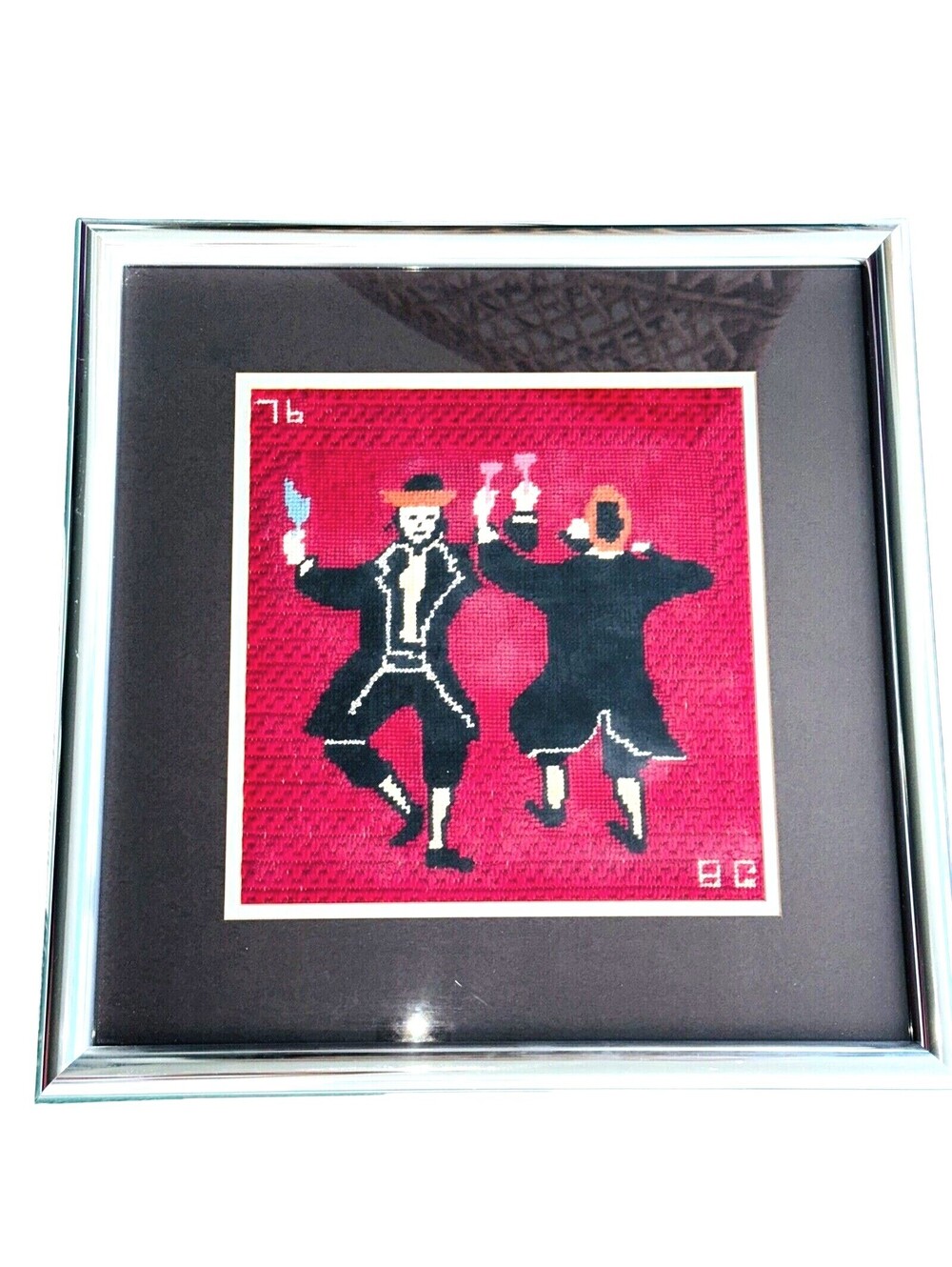 17" Needlepoint Professionally Framed Art Dancing Rabbis Judaism Judaic Horah